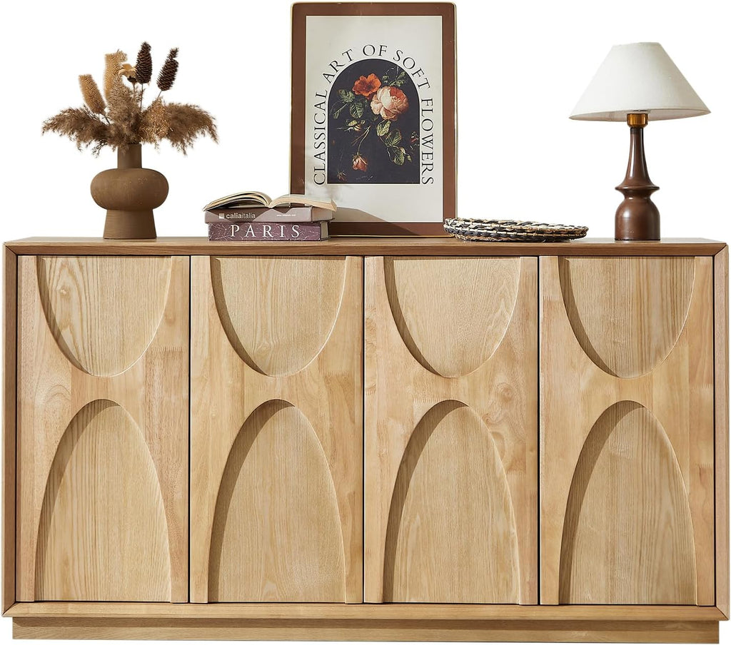 LKTART 59" Sideboard Buffet Cabinet Retro Accent Storage Cabinet with Magnetic Door Latches Adjustable Shelf for Living Room Kitchen(Natural Oak)