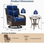 PIZZELLO Outdoor Swivel Rocker Chairs 3 Pieces Wicker Swivel Patio Chair with Rattan Side Table, 5" Extra Thick Cushions and 25" Full Support Back, Patio Furniture Set for Outside Porch Deck