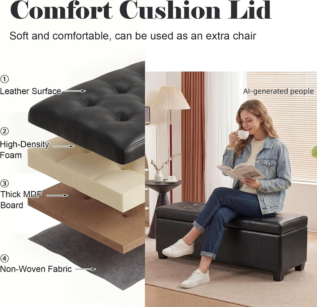 Asense Storage Ottoman Bench,42 inch Wide Upholstered Faux Leather Rectangular Ottoman with Legs,Safety Hinge Storage Bench for Living Room,Bedroom,Entryway