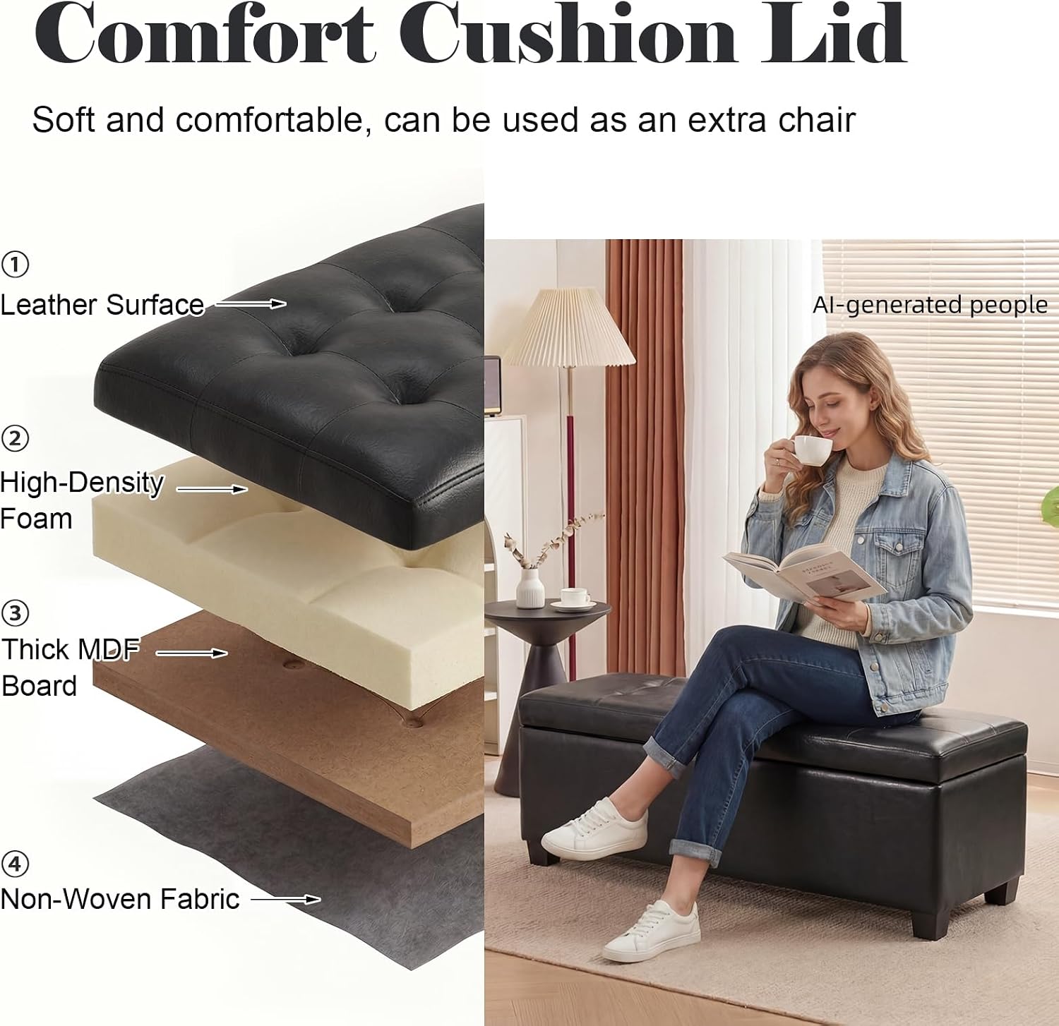 Asense Storage Ottoman Bench,42 inch Wide Upholstered Faux Leather Rectangular Ottoman with Legs,Safety Hinge Storage Bench for Living Room,Bedroom,Entryway