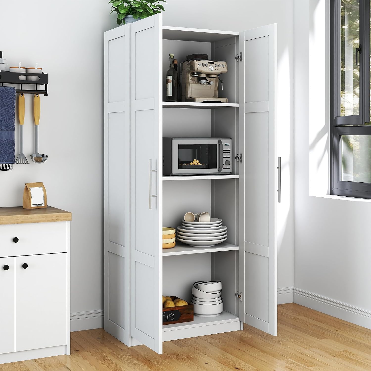 Kitchen Pantry Storage Cabinets, 70.87" Tall Pantry Cabinet with 2 Door and 3 Shelves, Farmhouse Kitchen Cabinets with Handles, Large Freestanding Storage Cabinet, White