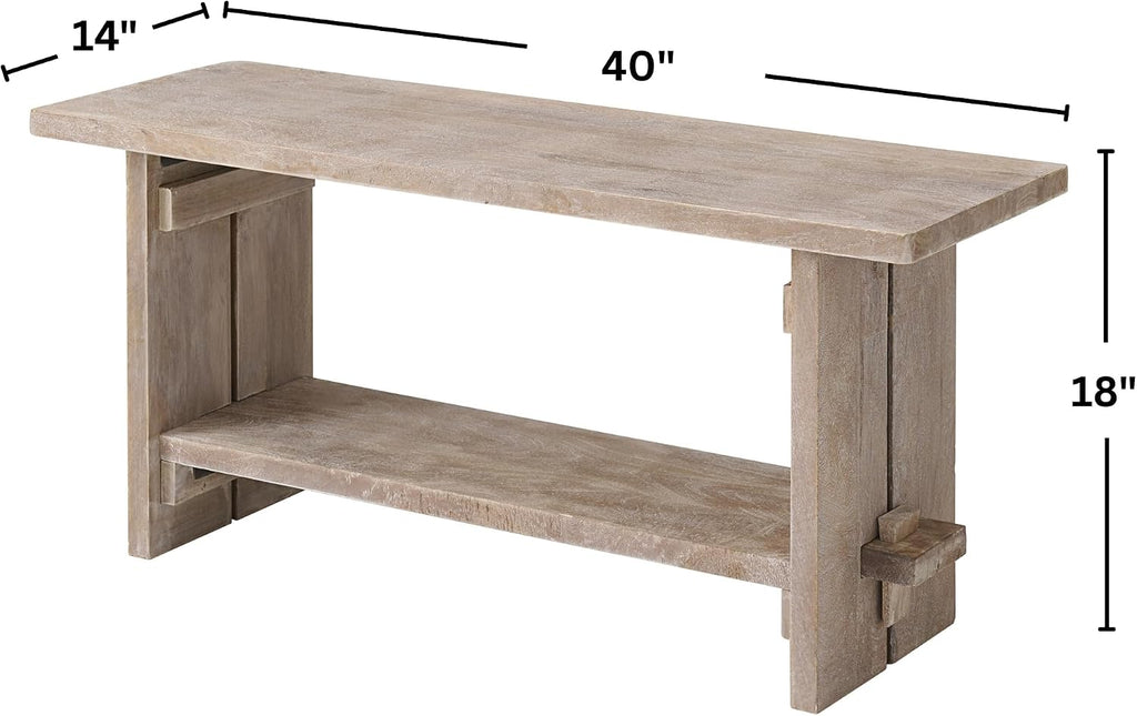 Alaterre Furniture Bethel Entryway Bench with Storage Shelf – Rustic Farmhouse 40-Inch Solid Acacia Wood Seat for Mudroom, Foyer or Hallway (Driftwood Finish)