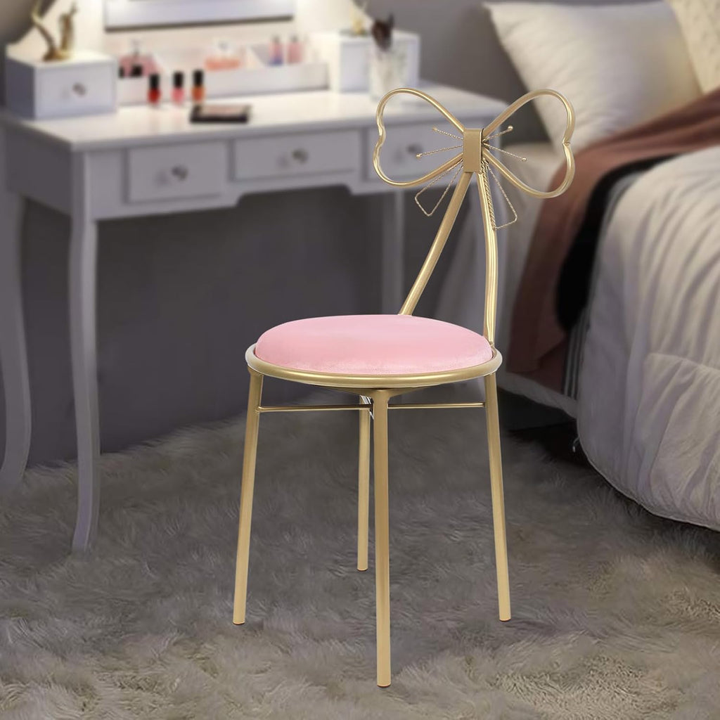 Velvet Vanity Chairs, Metal Cute Butterfly Stool Chair Dresser Makeup Chairs Stool with Pink Velvet Cushion and Bow Knot Backrest for Girl Bedroom, Living Room (Light Pink)