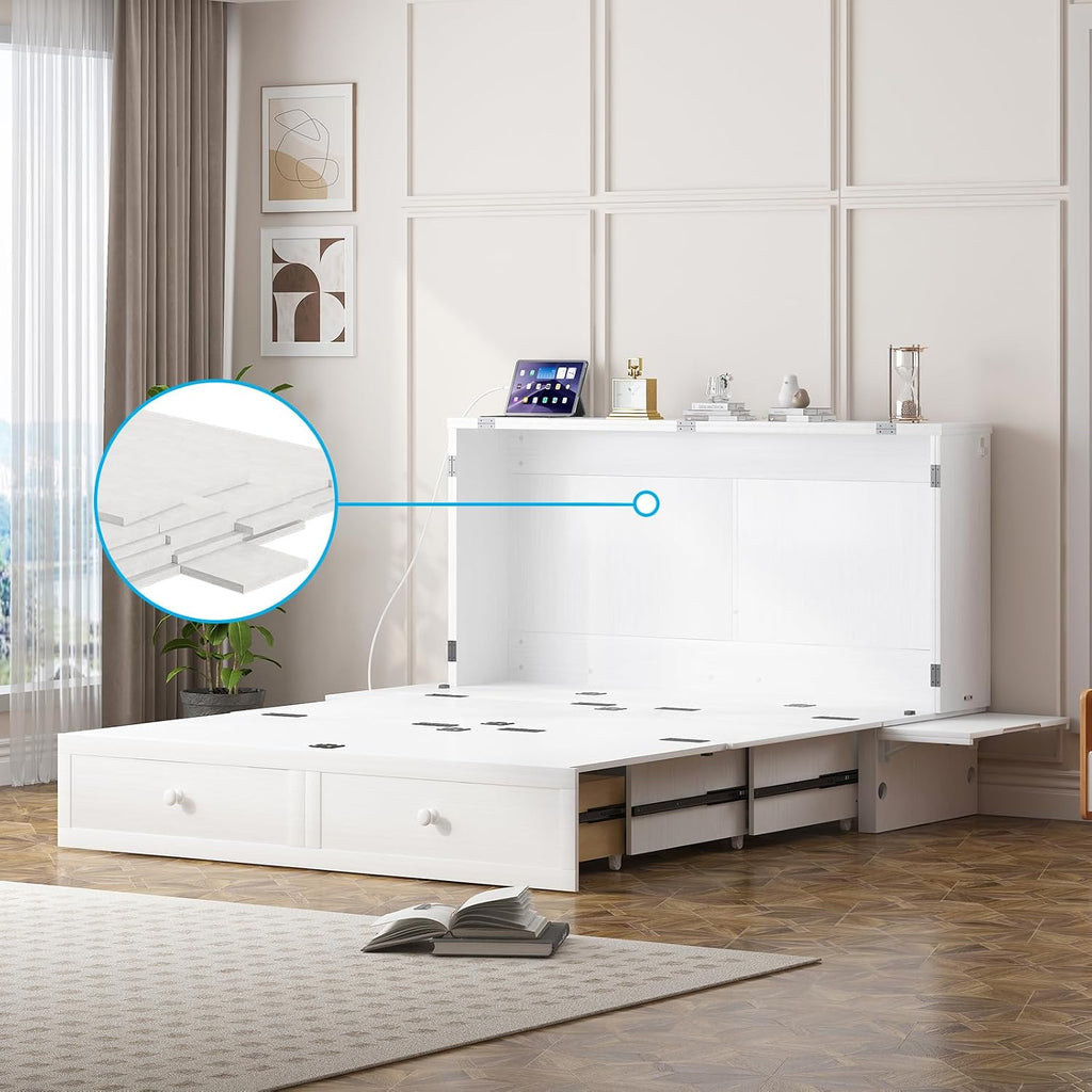 Mjkone Murphy Cabinet Bed Queen Size, White(No Mattress) | Storage Drawers, USB Charging Station,Wall Hideaway Guest Chest Cabinet Bed for Living Room Bedroom Home Office