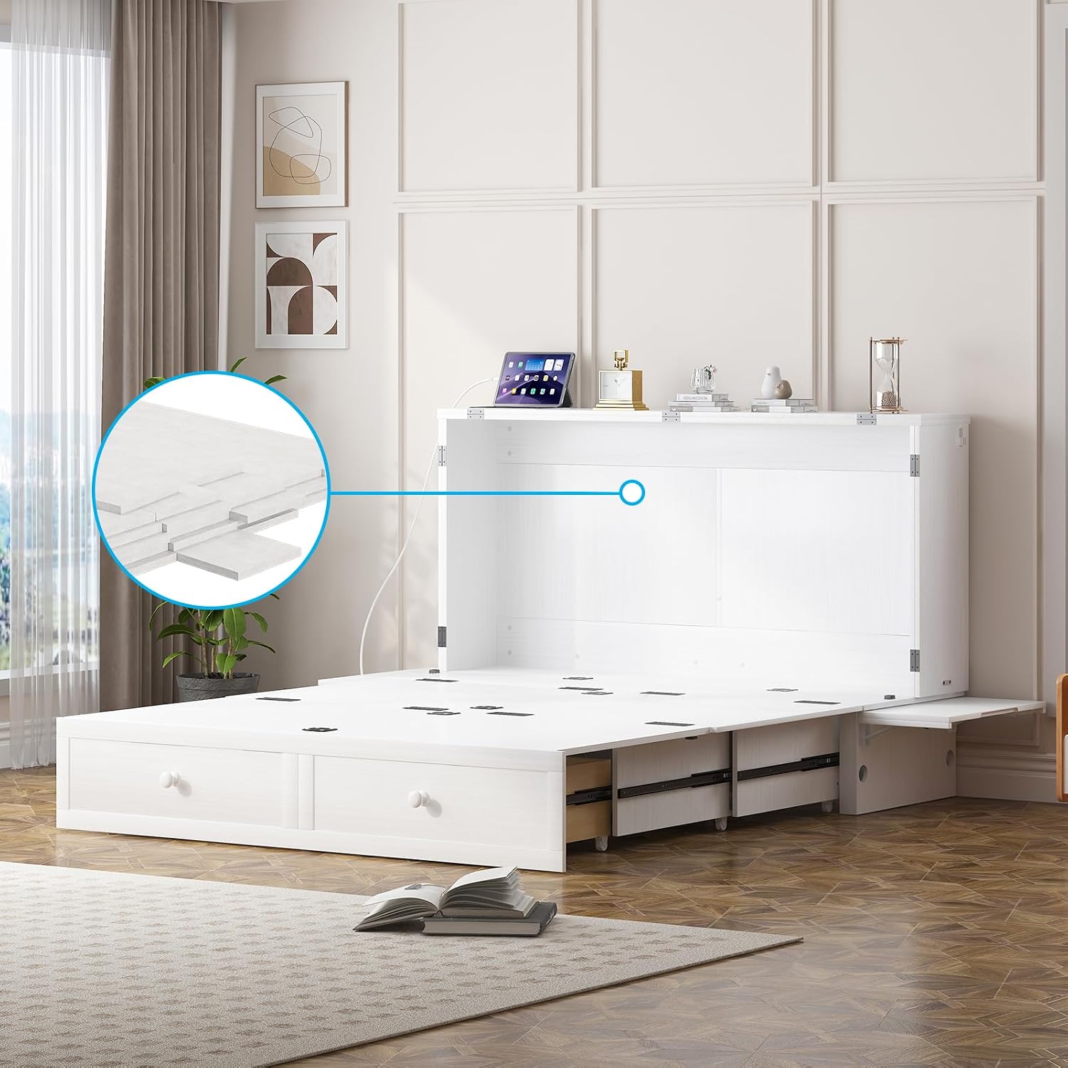 Mjkone Murphy Cabinet Bed Queen Size, White(No Mattress) | Storage Drawers, USB Charging Station,Wall Hideaway Guest Chest Cabinet Bed for Living Room Bedroom Home Office