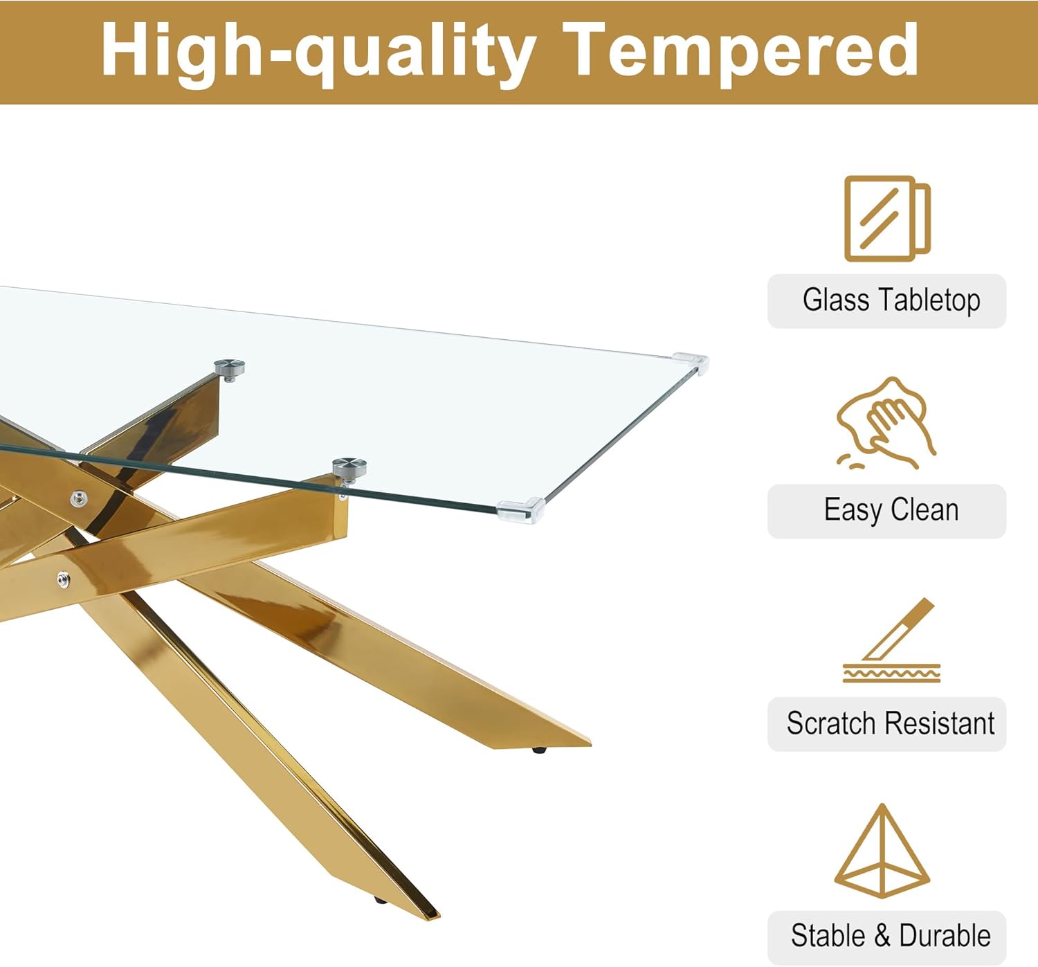 AF ARTISAN FURNITURE Gold Glass Coffee Table and End Table Set of 3, Coffee Table Set with Tempered Glass & Gold Geometric Metal Legs, 3 Piece Living Room Table Set for Bedroom Home Office