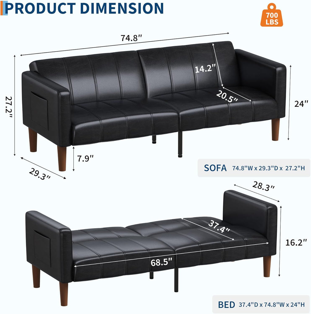 75 in Futon Sofa Bed, Faux Leather Convertible Couch with Adjustable Backrest, Side Pocket, Mid Century Modern Loveseat Sleeper Sofa for Living Room, Bedroom, Apartment, Small Spaces, Black