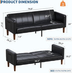 75 in Futon Sofa Bed, Faux Leather Convertible Couch with Adjustable Backrest, Side Pocket, Mid Century Modern Loveseat Sleeper Sofa for Living Room, Bedroom, Apartment, Small Spaces, Black