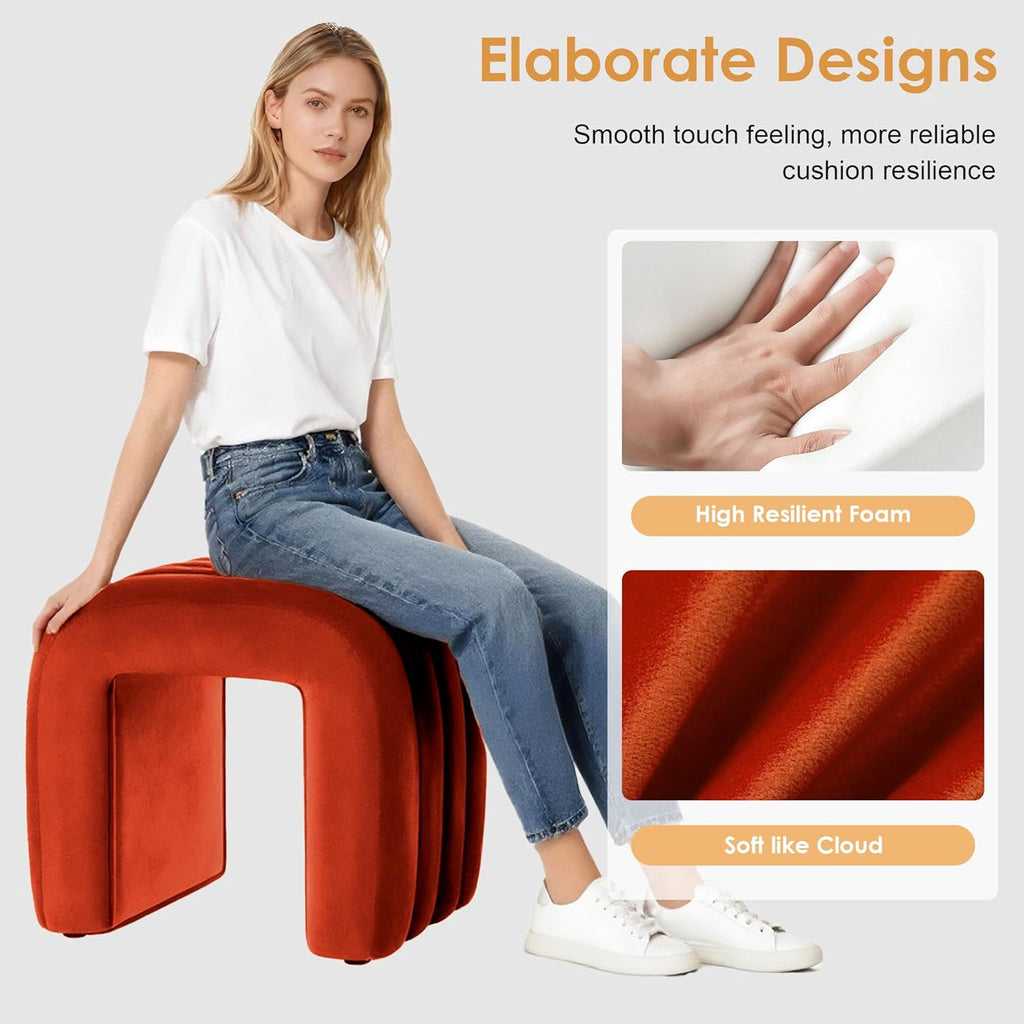 Flouki Velvet Ottoman Stools, Multifunctional Arch Ottomans, Makeup Vanity Stools, Ottomans for Bedroom, Dorm, Side Table Seat for Living Room, Entryway (Rust)