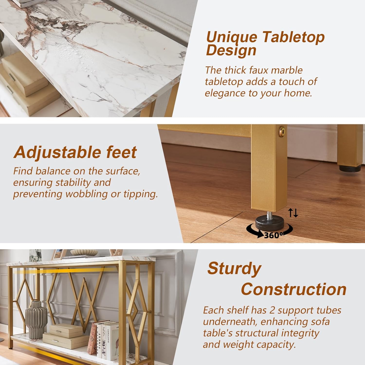 HOMISSUE 55 Inch Modern Entryway Console Table, White & Gold Faux Marble Top Engineered Wood Sofa Table with 2-Tier Open Storage, Entry Table for Hallway & Living Room