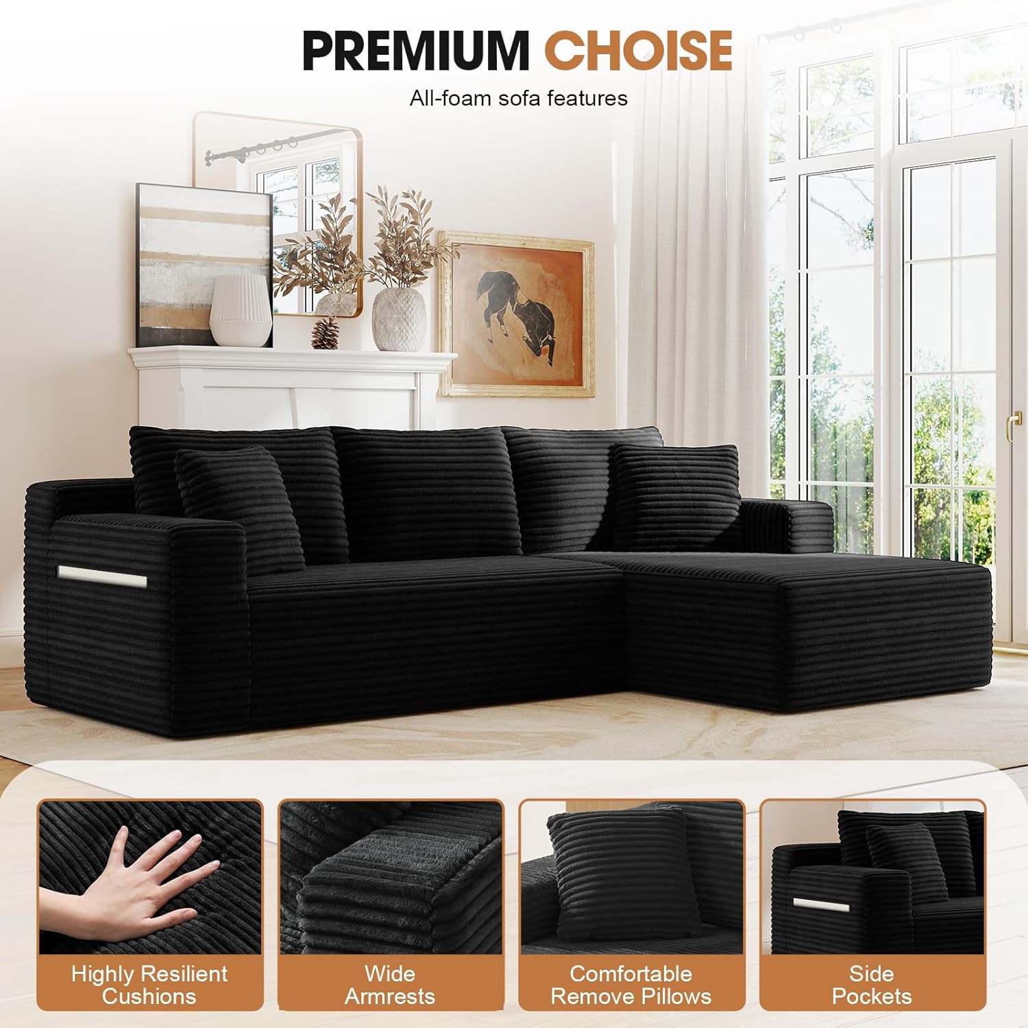 94.5" L-Shaped Cloud Sectional Couch for Living Room, Modern Minimalist Upholstered Sofa,Corduroy Fabric Modular Sectional Sofa with Chaise, No Assembly Required (Black, Right)