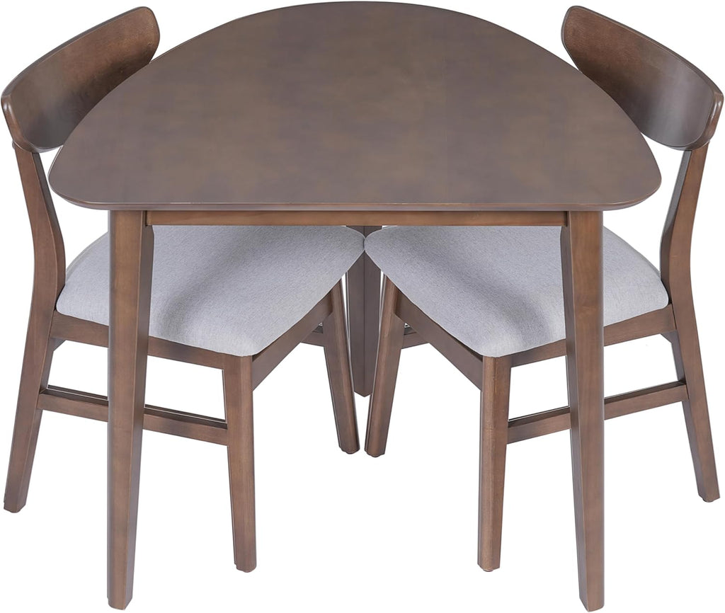 P PURLOVE Modern 3 Piece Table Set, Triangular Table and 2 Curved Wood Chairs for Living Room, Dining Room, Kitchen, Small Space, Minimalist Space-Saving (Brown and Grey)