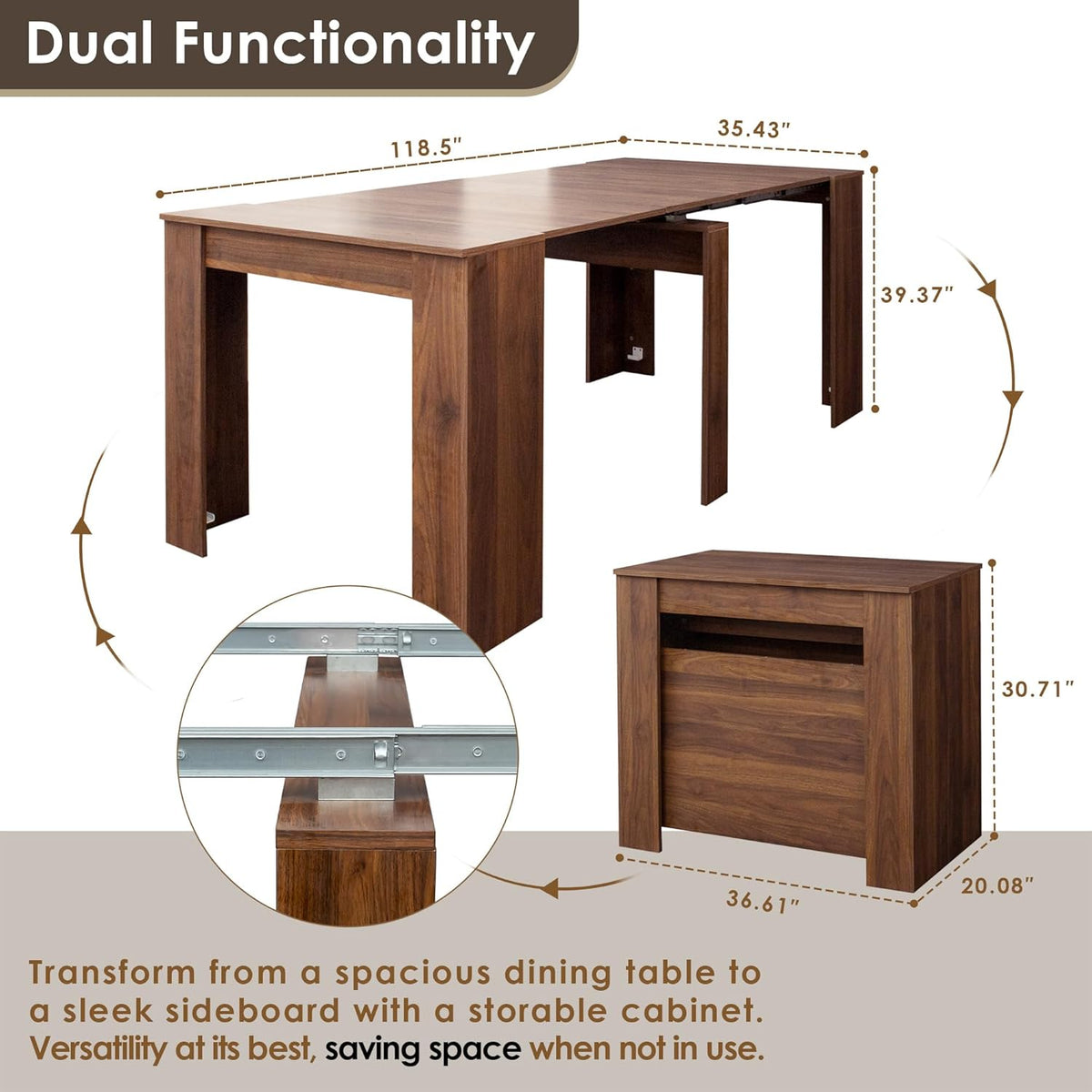 20"-118" Extendable Dining Table for 2-12 People, Modern Modular Extension Table, Space-Saving Extra Long Folding Dining Table, Multifunctional Conference Meeting Table, Walnut