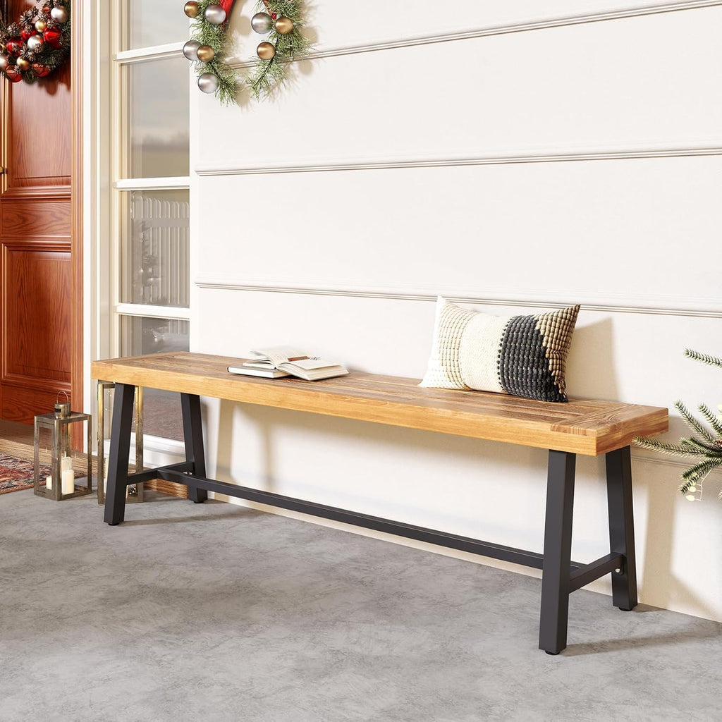 Byroce 63” Acacia Wood Entryway Bench, Rustic Dining Bench with 3-Person Thickened Seat & 800 LBS Heavy-Duty Metal Frame, Farmhouse Indoor Shoe Bench Seat for Hallway, Bedroom & Living Room (1)