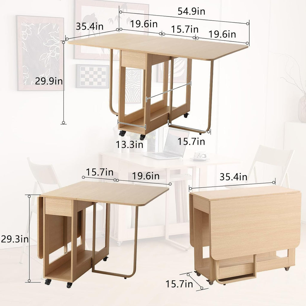 Folding Dining Chairs and Table Set, Space-Saving Dining Table and 2 Padded Steel Frame Folding Chairs(Wood), Drop Leaf Dining Table with Extra Large Storage Space and 2 Drawers