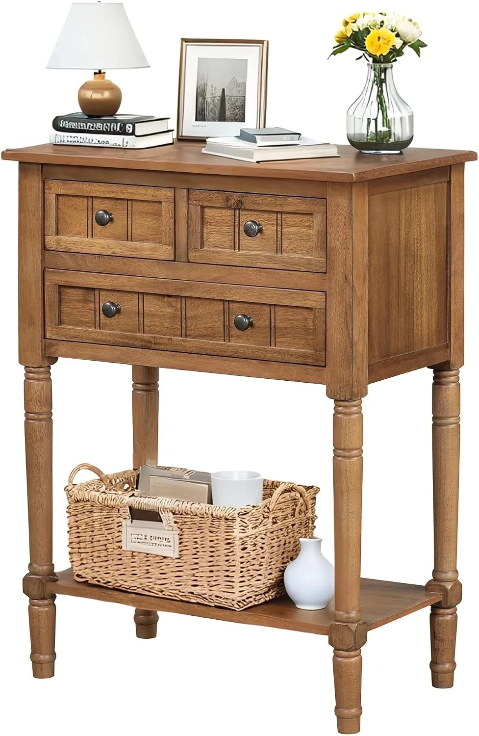 LKTART Small Solid Wood Sofa Table,Console Table with Drawers and Bottom Shelf, Entryway Hallway Foyer Entry Table for Living Room(23.7" Natural)