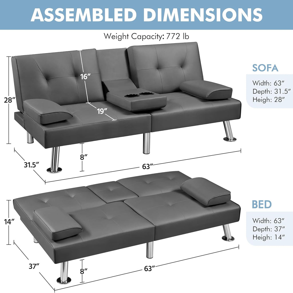 Yaheetech Convertible Futon Sofa Bed Loveseat with Cup Holder, Gray | 3 Angles Sofa, Recliner Chair, Bed, Compact Faux Leather Love Seat for Living Room, Guest Room, Dorm, Small Apartment