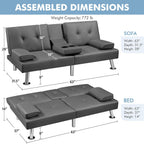 Yaheetech Convertible Futon Sofa Bed Loveseat with Cup Holder, Gray | 3 Angles Sofa, Recliner Chair, Bed, Compact Faux Leather Love Seat for Living Room, Guest Room, Dorm, Small Apartment