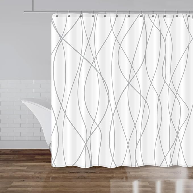 Punkray Grey and White Striped Polyester Shower Curtain for Bathroom with Hooks, Waterproof Bath Accessories Hotel Style - Machine Washable 84 x 72