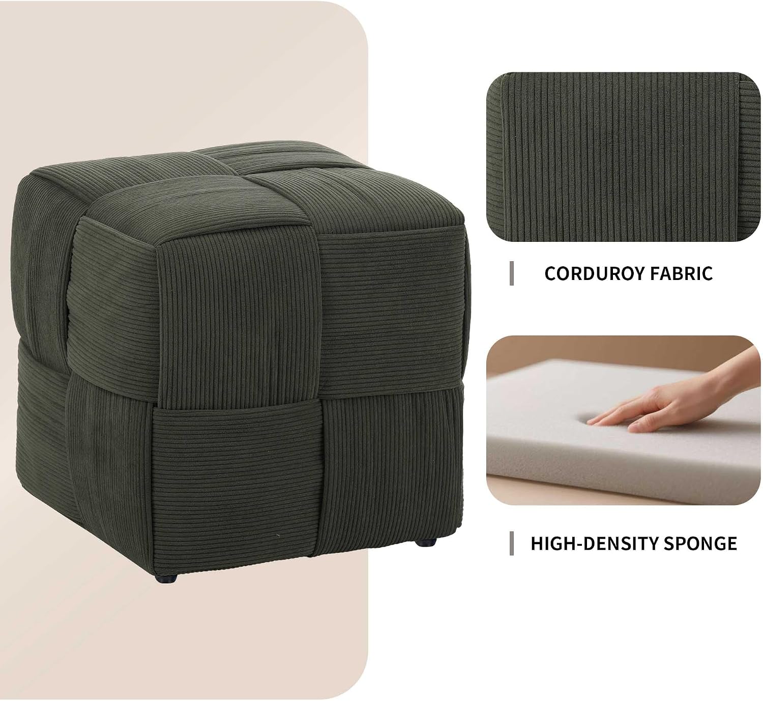 Green Cube Ottoman, Foot Rests Pouf Soft and Comfortable Corduroy Woven Design, Foot Rest for Couch for Living Room, Bedroom, Square Pouf Ottoman 14.2" (Green)