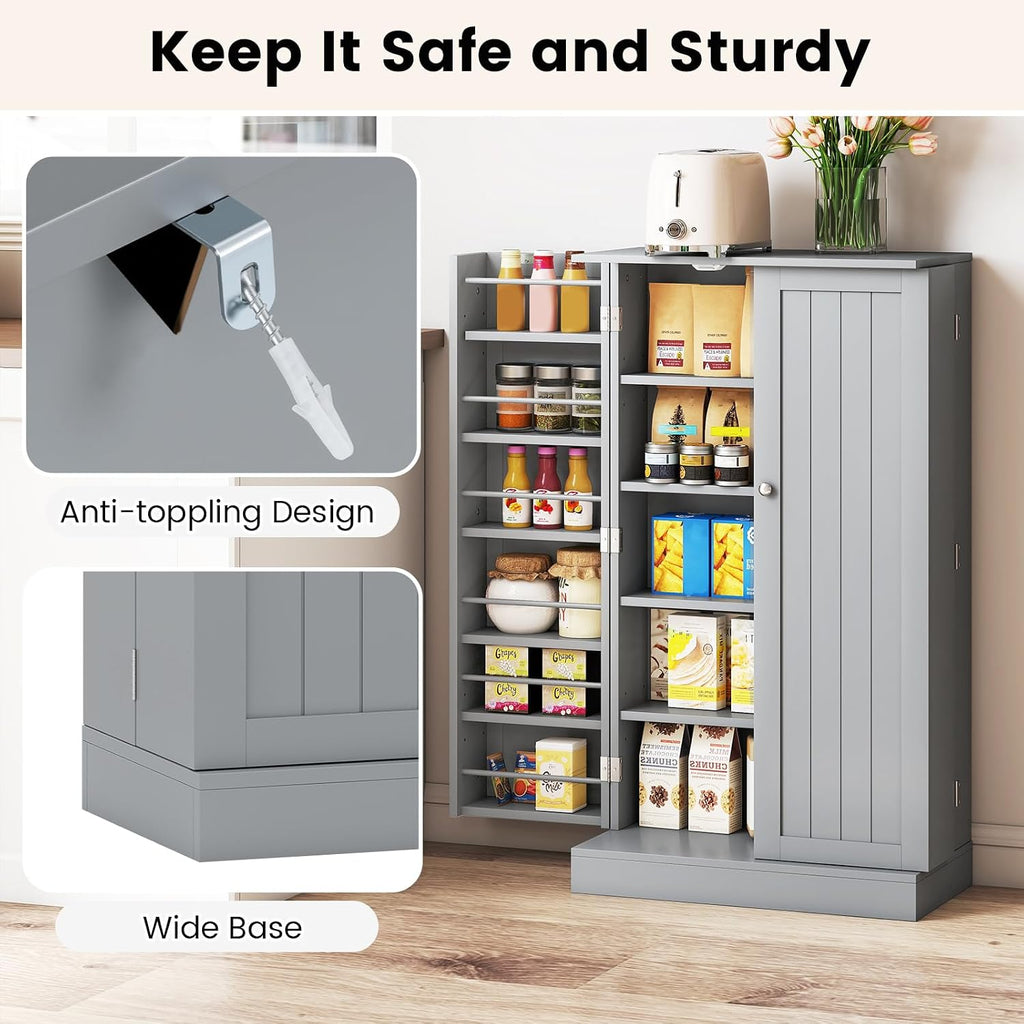 TANGZON 41"/47" Kitchen Cupboard, Kitchen Pantry Cabinet with Doors & Adjustable Shelves, Space Saving Larder Storage Cupboard Organiser for Dining Room Living Room Entryway (60 x 30 x 104cm, Grey)