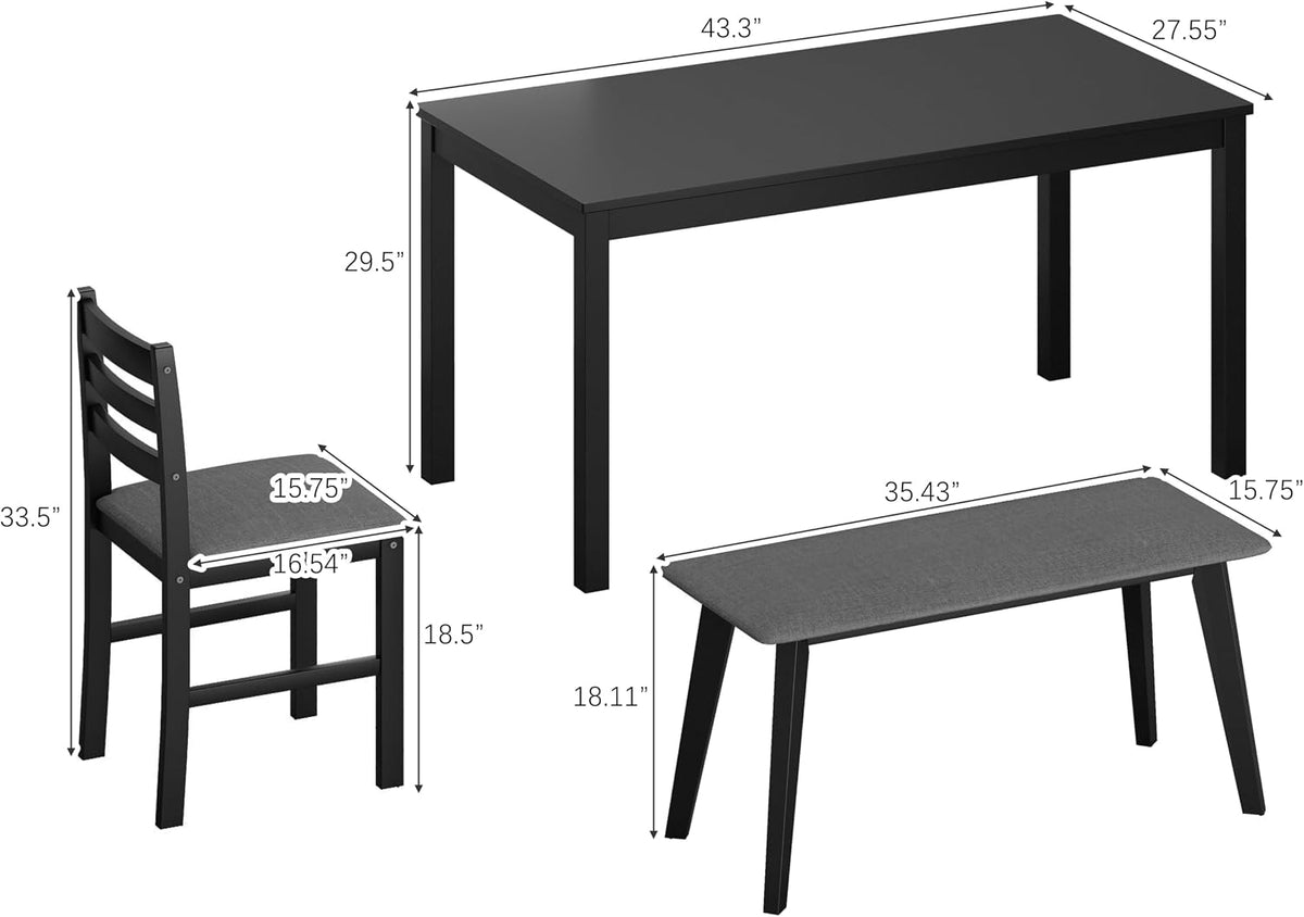 Dining Table Set for 4, Solid Wood Kitchen Table Chairs Set of 4, 43.3” Space-Saving Mid Century Modern Dining Room Table with Chairs and Bench for Kitchen, Living Room,Breakfast Nook, Black