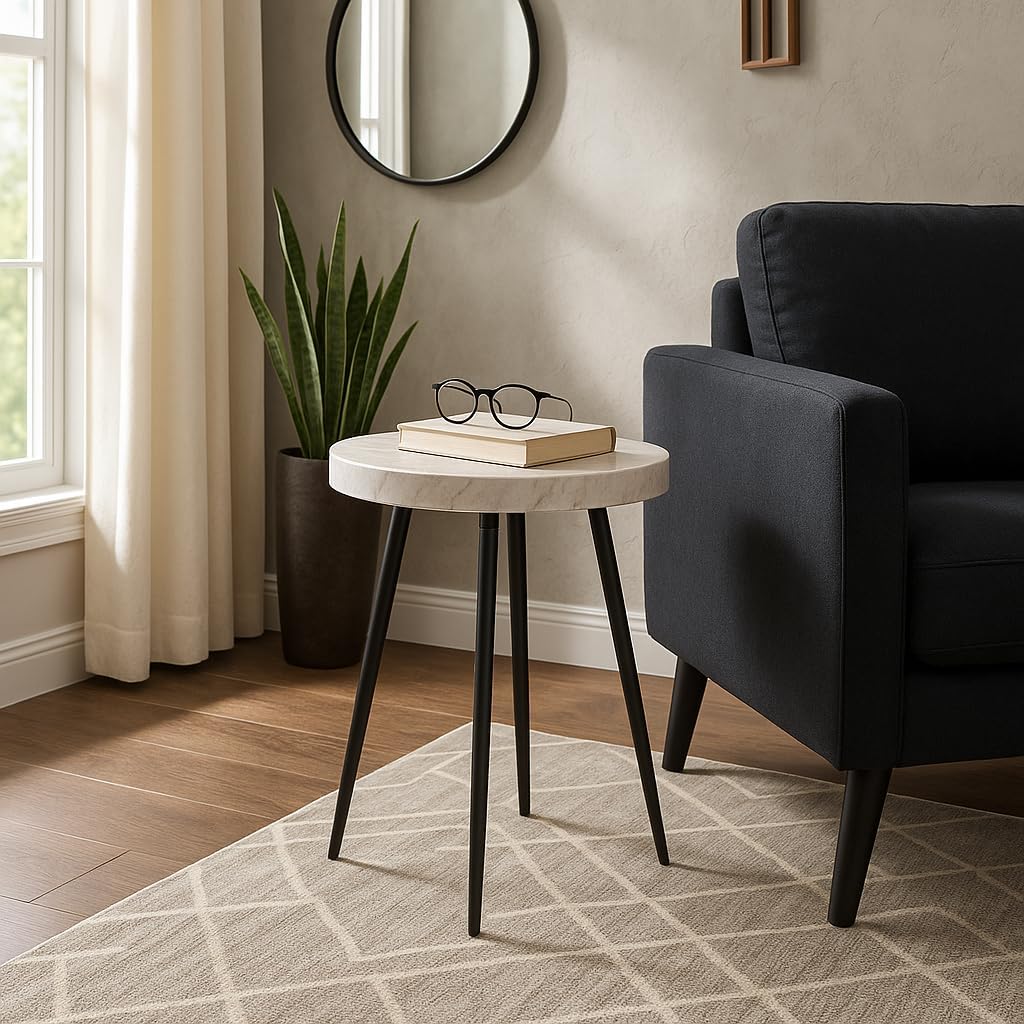 Classy Side Table, End Table, or Small Night Stand - Marble Accent Table with Three Slim Metal Legs Ideal for Small Spaces - Sleek Design for Home, Bedroom, and Living Room Decor - 21" White & Black