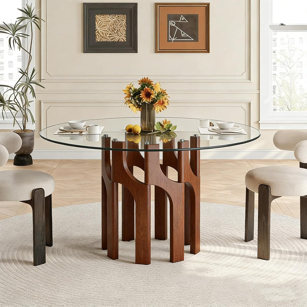 Round Glass Dining Table for 4-6, Modern 46-Inch Kitchen Table with Sturdy Pedestal Base & Clear Tempered Glass Top, Circle Dinner Table for Dining Room, Living Room & Small Apartment (Walnut)