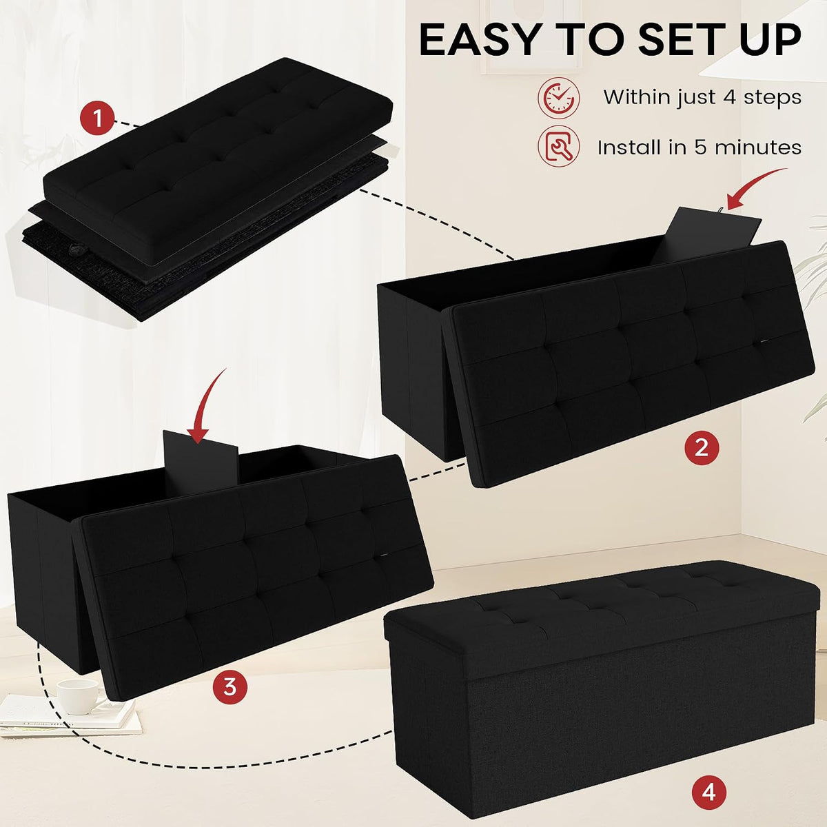 Ottoman with Storage,Black | Folding Storage Ottoman Bench for Living Room and Bedroom,Rectangle Foot Rest Stools Holds up to 660 lbs