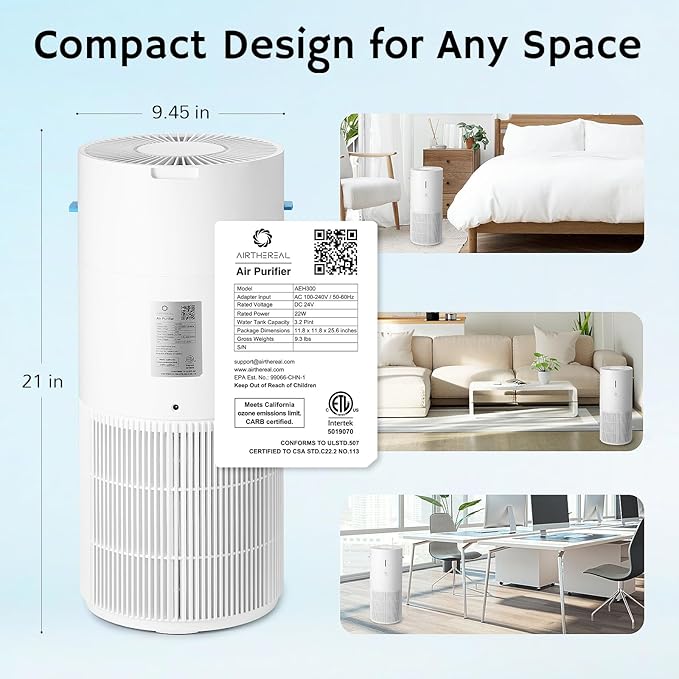 Airthereal 2 in 1 Air Purifier with Humidifier for large room up to 1325 ft², with 3-Stage Filters, Air Quality Monitor and Quiet Sleep Mode, Evaporative Humidifier with Auto Humidity Control, AEH300