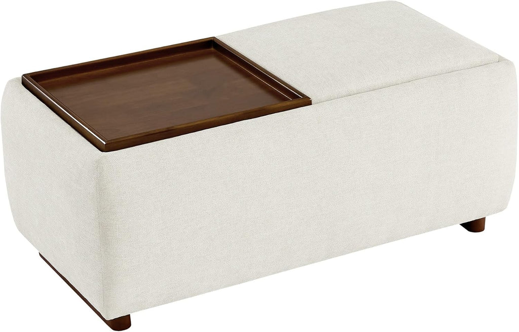 CHITA Storage Ottoman with Tray Lids, FSC Certified Small Rectangular Bench for Living Room, Bedroom, Fabric in Linen