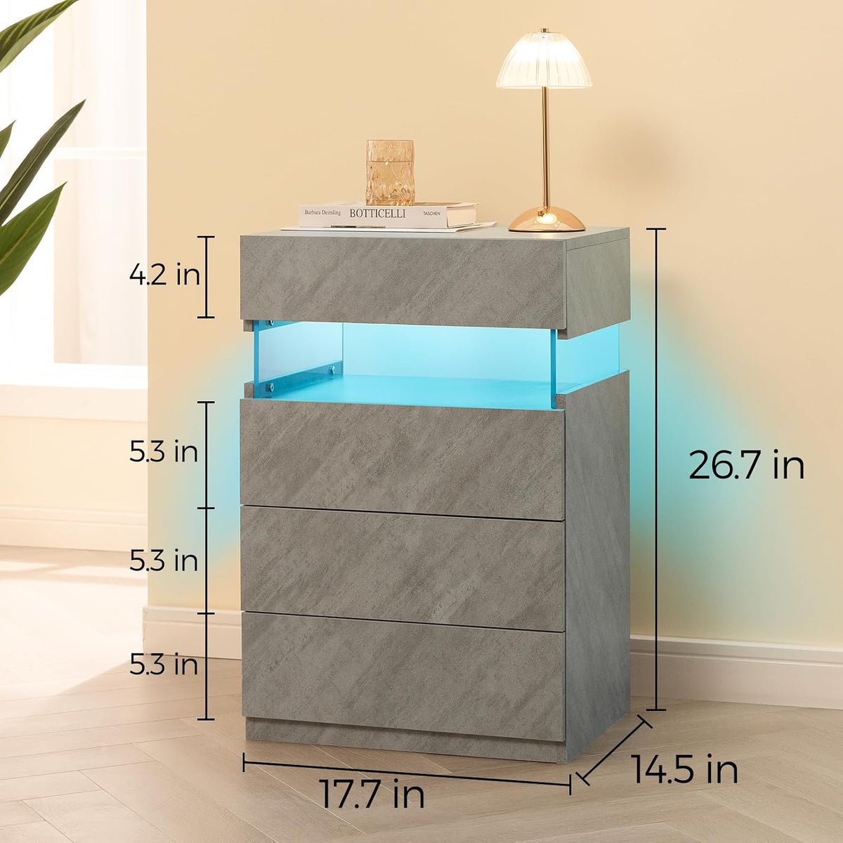 Bingoday Gray LED Night Stand Set 2 with 4 Drawers Modern Bedside Table | Nightstands with App-Controlled Adjustable LED Lights, Night Stand with Storage Shelf ,Modern Bedside Table for Bedroom
