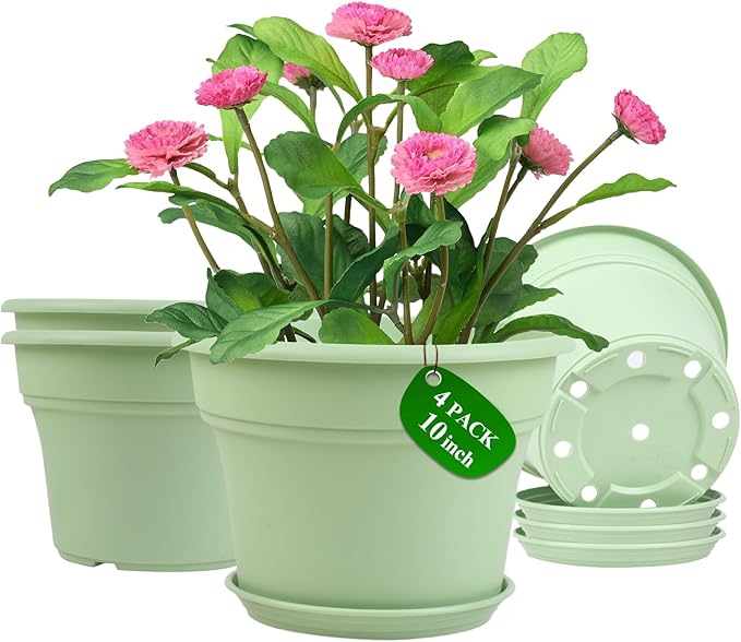 10 Inch Plastic-Flower-Pot-for-Indoor-Plants, 4 Pack Large Outdoor Planter Pot with Drainage Holes & Saucers, Resin Decorative Garden Pots Planters