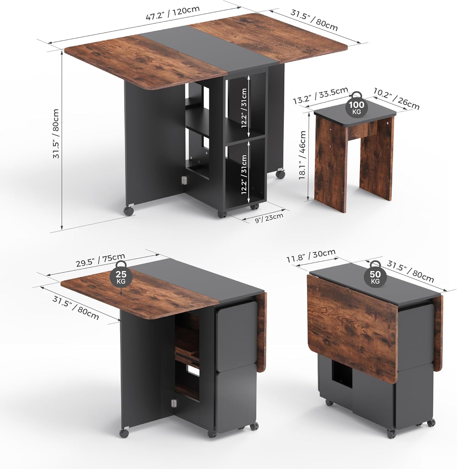 Mondeer Folding Dining Table Set for 4, Drop Leaf Table with 4 Chairs for Small Spaces, Dining Room Table Set with Storage Shelf and Wheels, for Kitchen Dining Room (Rustic Brown and Black)