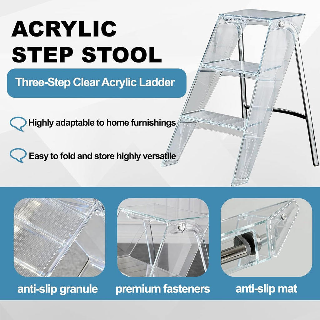 Transparent Acrylic 3-Step Folding Step Stool, 220 lbs Weight Capacity, Sleek Collapsible Step Ladder with Compact Design, Portable for Home, Kitchen, Bathroom and Closet