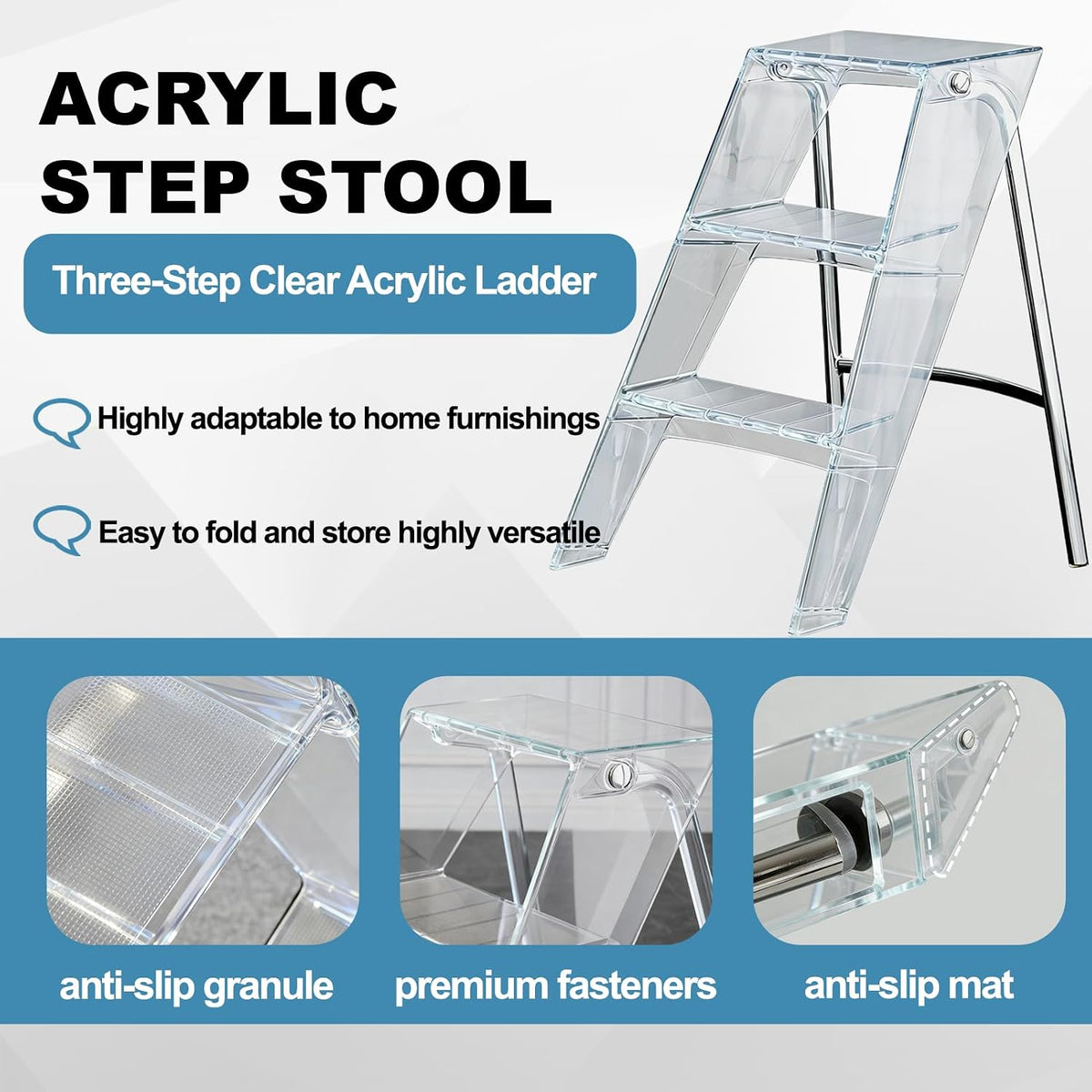 Transparent Acrylic 3-Step Folding Step Stool, 220 lbs Weight Capacity, Sleek Collapsible Step Ladder with Compact Design, Portable for Home, Kitchen, Bathroom and Closet