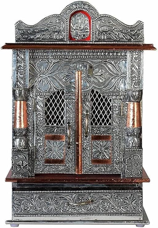 Oxidized Metal Pooja Mandir with Doors and Drawer, Silver, Ganesha Embossed, Traditional Hindu Temple