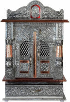 Oxidized Metal Pooja Mandir with Doors and Drawer, Silver, Ganesha Embossed, Traditional Hindu Temple