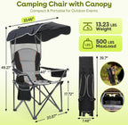 Suteck Camping Chair with Canopy, Outdoor Beach Chair with Adjustable Sun Shade Canopy, Cup Holder, Side Pockets - Heavy Duty Folding Chair with Full Sun Protection Supports 500lbs, Black