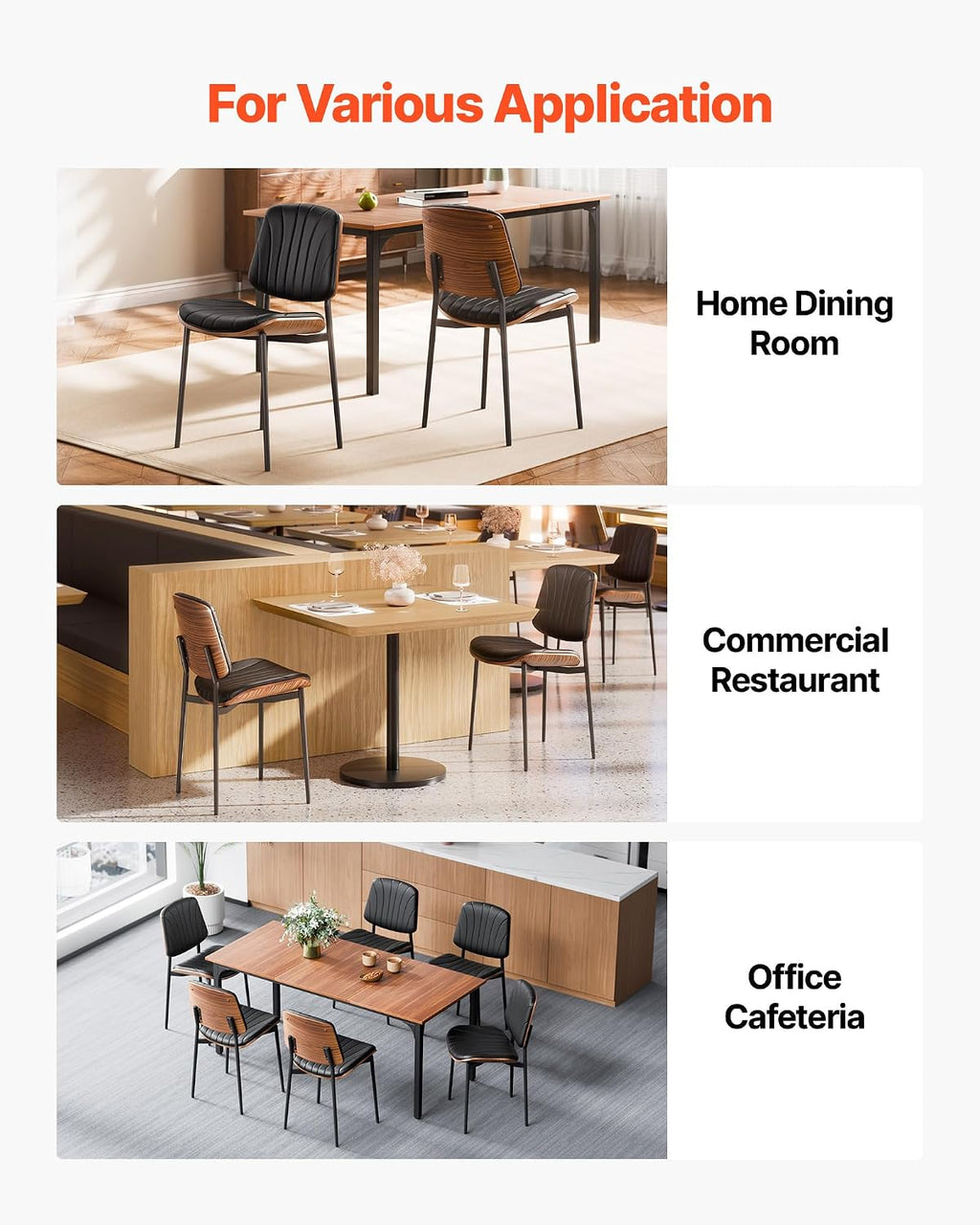 VEVOR Modern Dining Room Accent Chairs Set of 2, Upholstered Leather Side Chair for Dining Room, Space-Saving Kitchen Living Room Chair with Thick Cushions and Metal Legs, Black