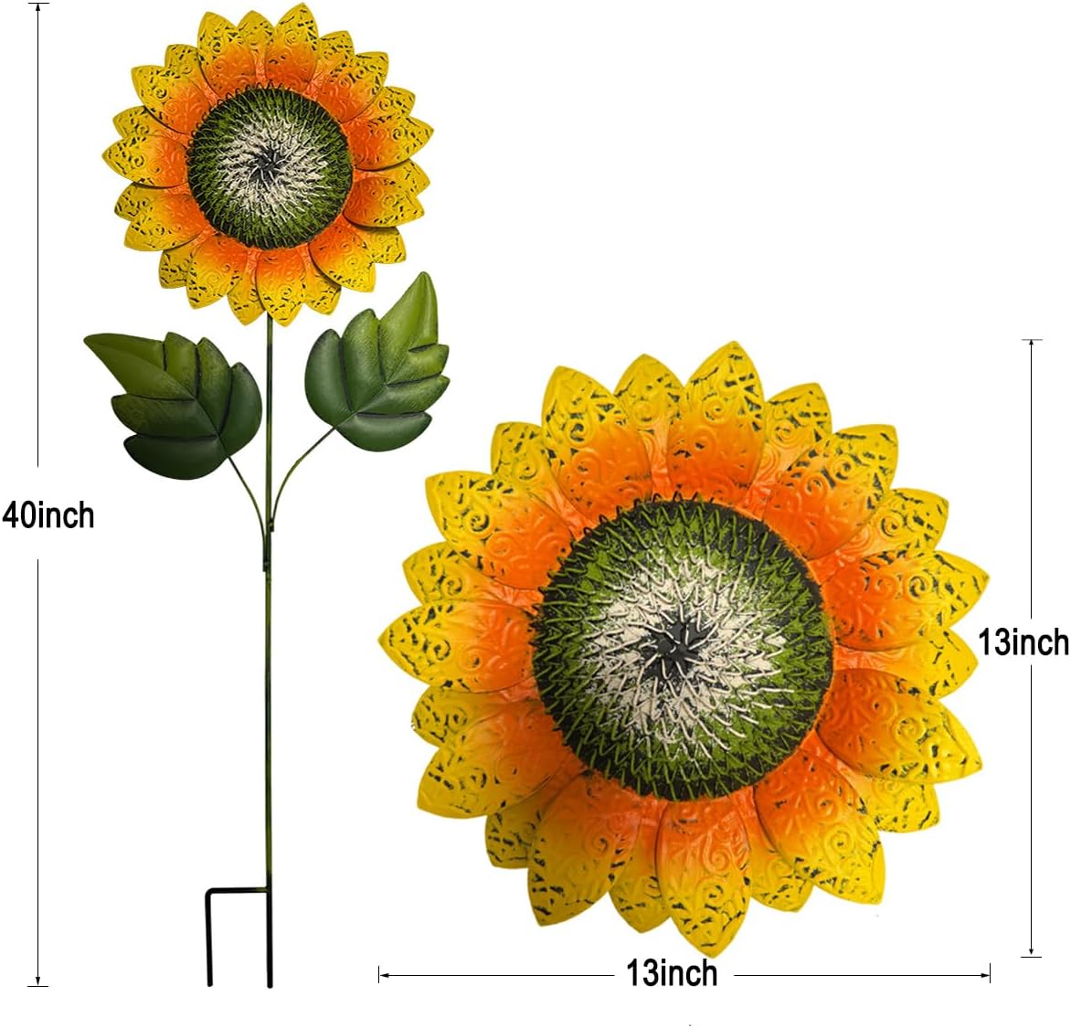 Outdoor Metal Sunflower Stakes, 40 Inch Height, 13 Inch Flower Head, Garden Decor, Set of 2