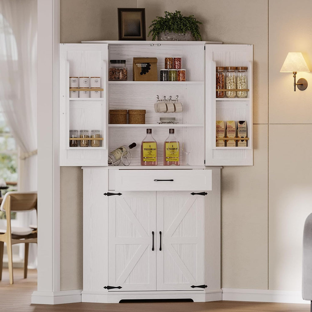 IRONCK 72" Corner Pantry Cabinet with Drawer and 4 Doors, White | Kitchen Pantry Storage Cabinet with 3 Adjustable Shelves, 2 Doors Storage, for Kitchen and Dining Room
