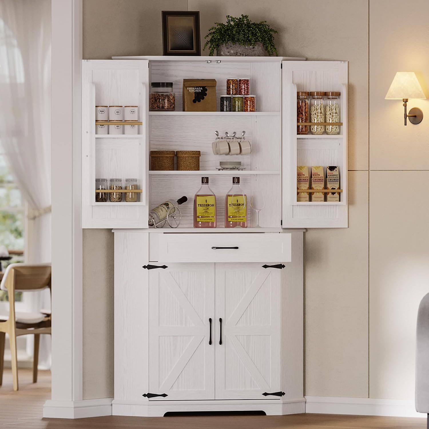 IRONCK 72" Corner Pantry Cabinet with Drawer and 4 Doors, White | Kitchen Pantry Storage Cabinet with 3 Adjustable Shelves, 2 Doors Storage, for Kitchen and Dining Room