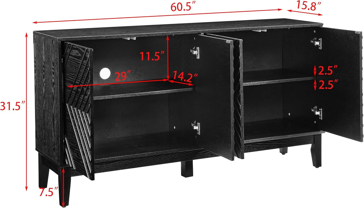 LKTART 60.5" Black Sideboard Buffet Cabinet,Modern Accent Credenza Storage Cabinet with 4 Doors, Media Console Table for Living Room Entryway