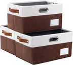 PRANDOM Foldable Storage Bins with Handles [3-Pack] Fabric Collapsible Storage Boxes Baskets Cubes Containers with Handles for Closet Living Room Bedroom (Brown & White 14.9x9.8x8.3'')