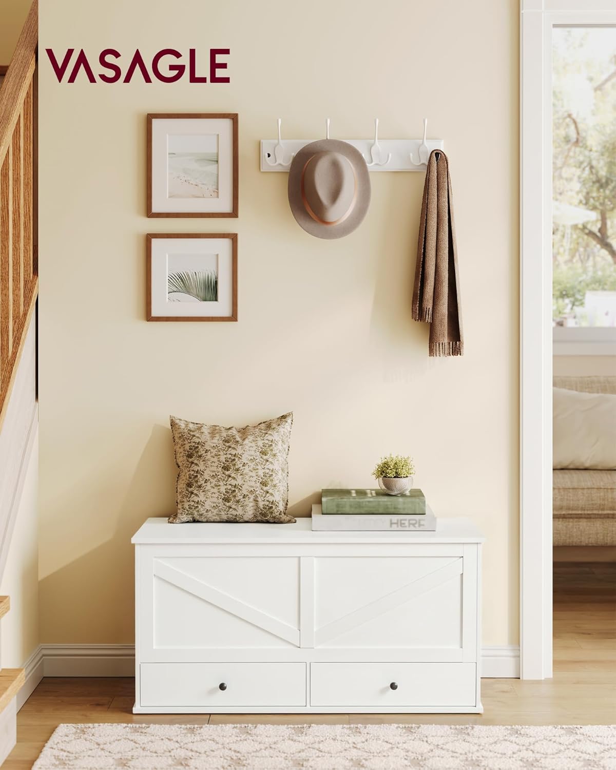 VASAGLE Storage Chest with 2 Fabric Drawers, 15.7 x 39.4 x 19.9 Inches | Storage Bench, Farmhouse Style, Cloud White, HAINS Collection ULSB043W01