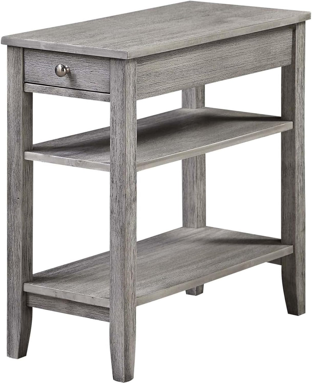 Pemberly Row Three Tier End Table with Drawer, Gray Wood Finish, 23.5 x 11.25 x 24 in, Hidden Storage, Middle and Bottom Shelf, Durable Accent Table for Living Room or Bedroom Decor