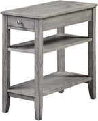 Pemberly Row Three Tier End Table with Drawer, Gray Wood Finish, 23.5 x 11.25 x 24 in, Hidden Storage, Middle and Bottom Shelf, Durable Accent Table for Living Room or Bedroom Decor