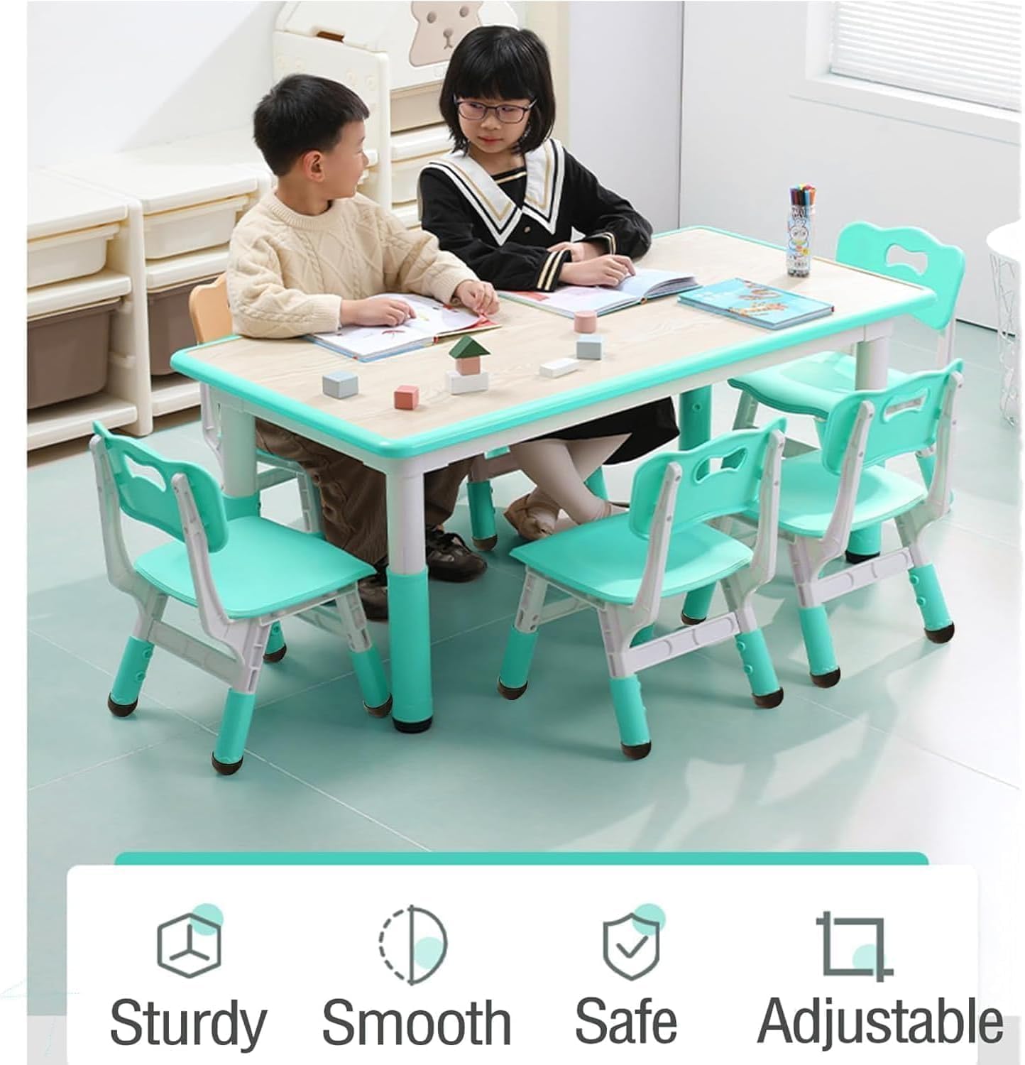 Memoryfield Kids Table and 6 Chairs Set, Height Adjustable Arts & Crafts Table with Graffiti Desktop, Non-Slip Legs,Ideal for Ages 2-10, Children's Multi-Activity for Classrooms, Daycares,Home
