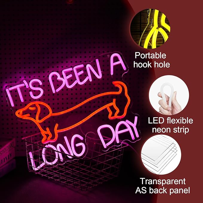 Dimmable Dog Neon Sign Pink It’s Been A Long Day Neon Light for Wall Decor Red Cute Dachshund LED Light Up Sign with USB for Bedroom Pet Shop Dog Theme Party Decor Gift for Dog Lovers (16.5*12.6In）